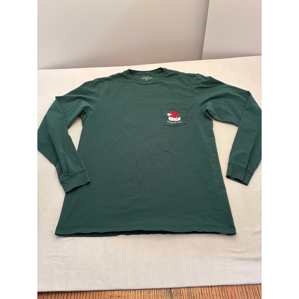 Vineyard Vines Mens Santa Hat Christmas Pocket T-Shirt Long Sleeve Green M